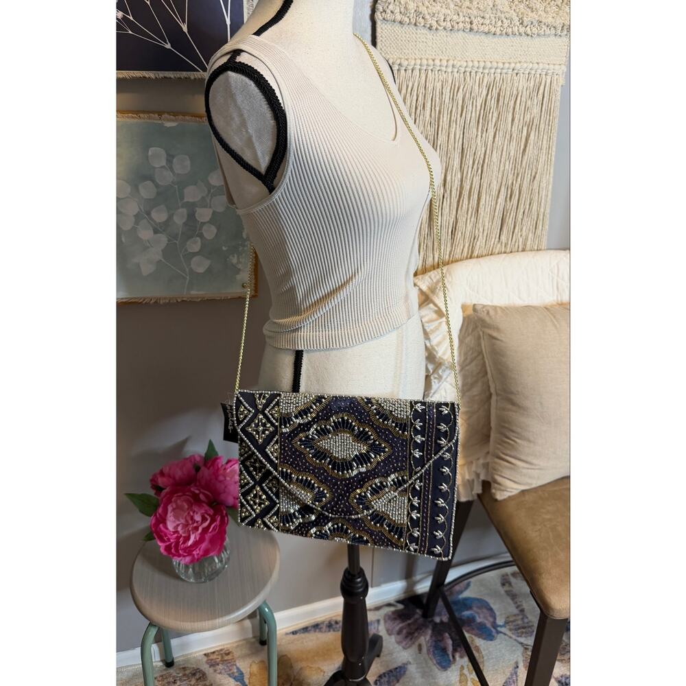 Lulus Navy Beaded Envelope Clutch Gold Chain Evening Bag NWT Wedding Formal